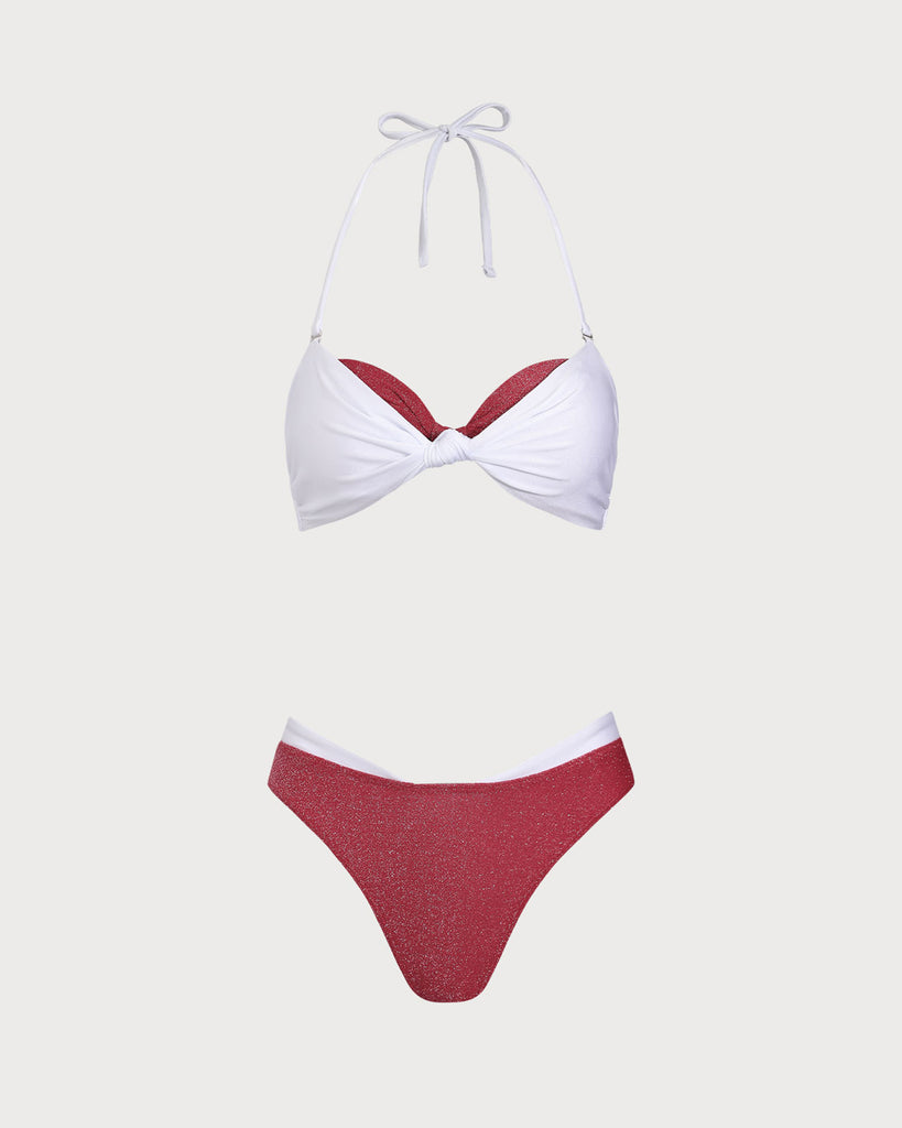 Red Knit Contrast Color Fake Two Piece Bikini Set
