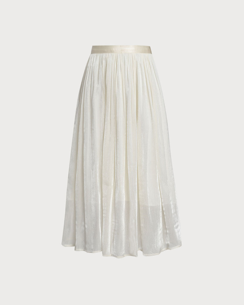 Beige Flowy Pleated Midi Skirt