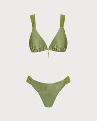 Green V Neck Textured Bikini Set