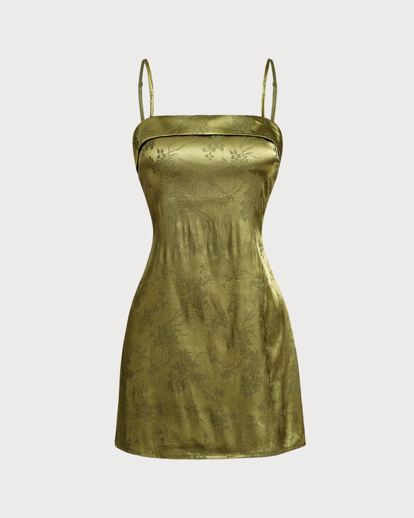 Green Jacquard Satin Slip Mini Dress