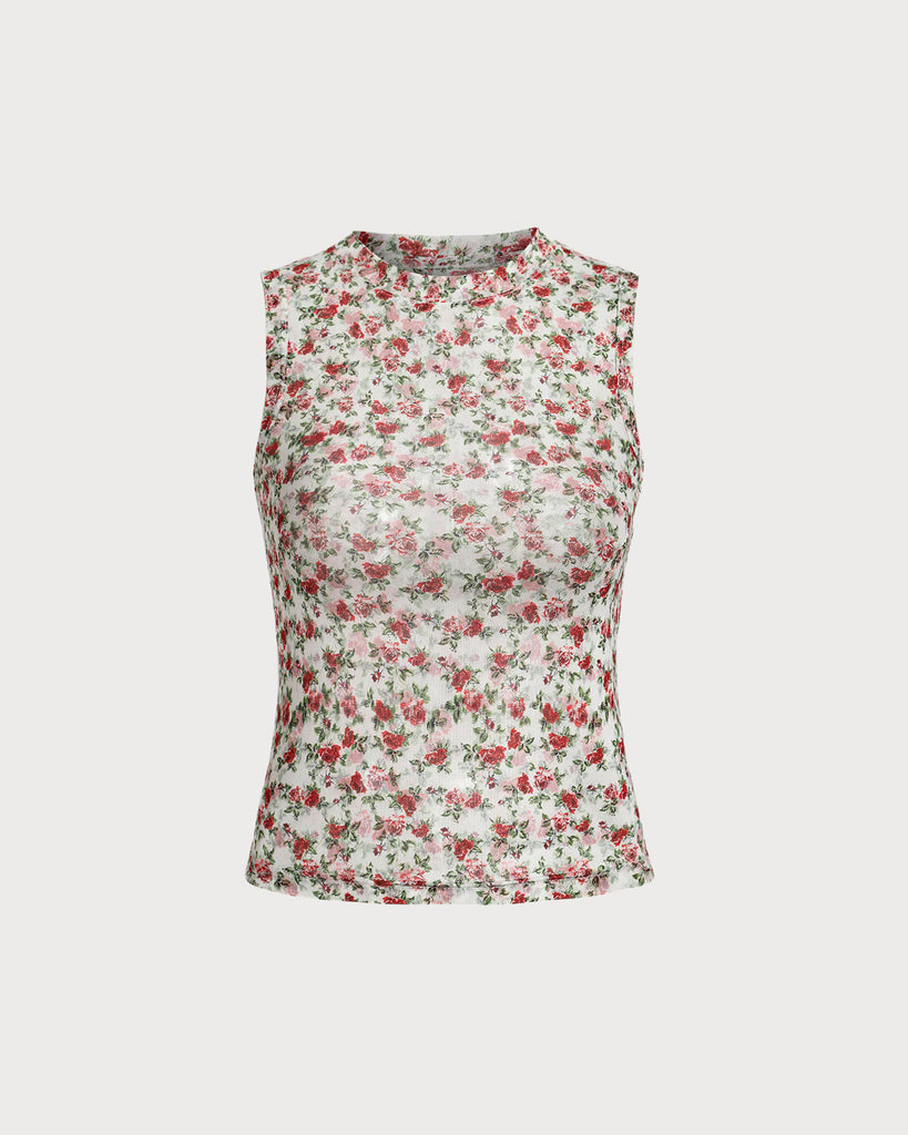 Red Floral Round Neck Tank Top