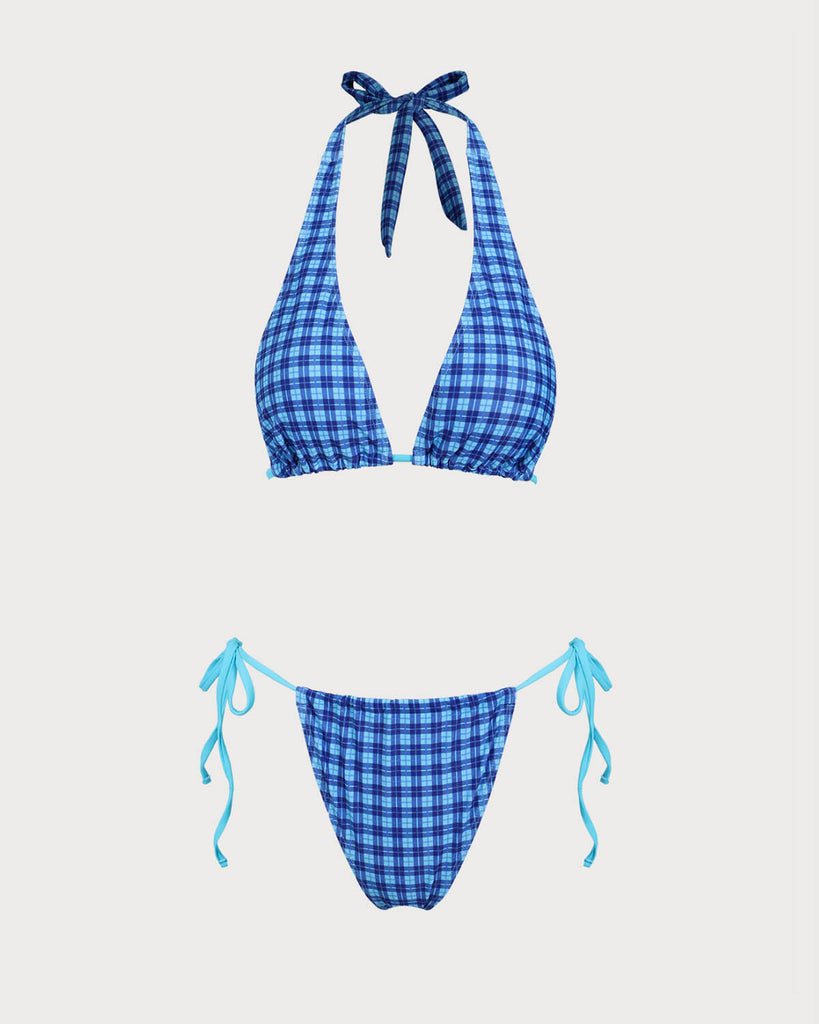 Blue Knit Vintage Plaid Print Bikini Set