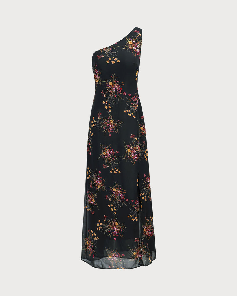The Black One Shoulder Floral Slit Maxi Dress Dresses - RIHOAS