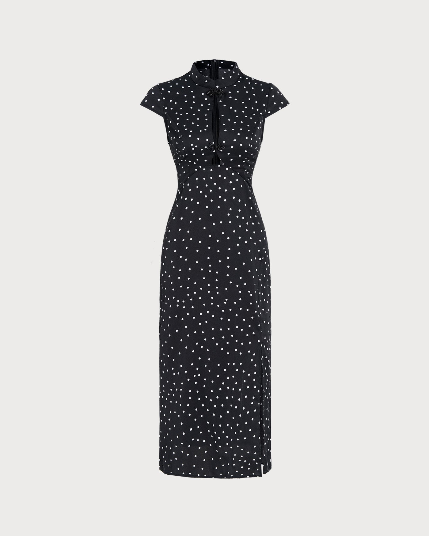 Black Mandarin Collar Polka Dot Midi Dress & Reviews - Black - Dresses