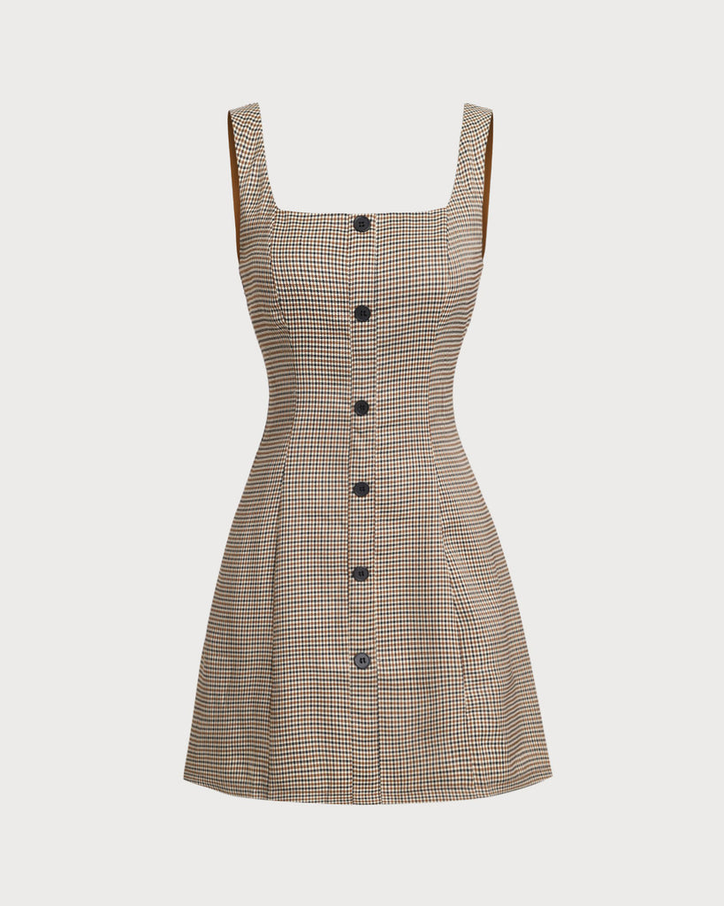 Brown Plaid Button Slip Mini Dress