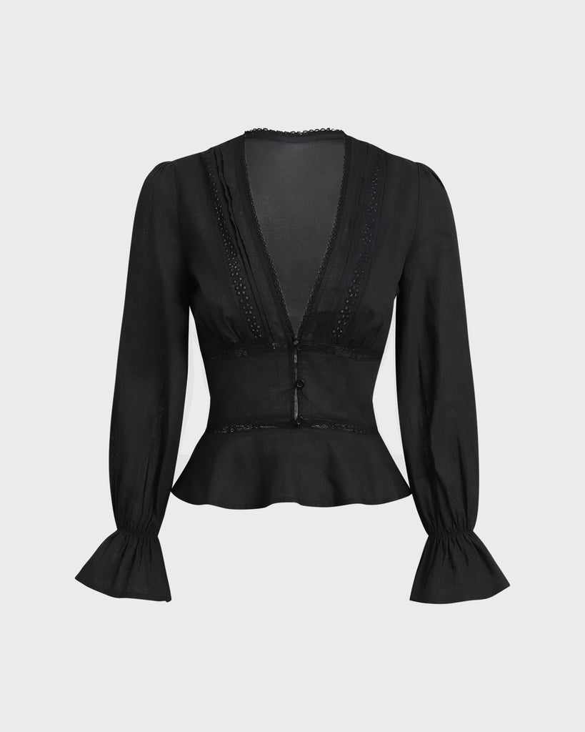 Black V-Neck Ruffle Blouse