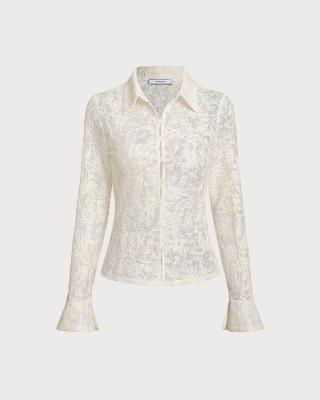 White Jacquard Bell Sleeve Button Blouse