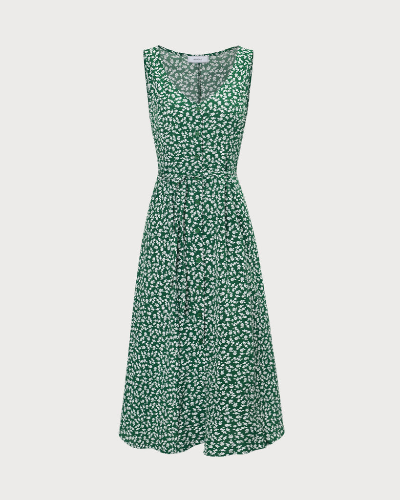 The Green V Neck Floral Button Midi Dress Dresses - RIHOAS