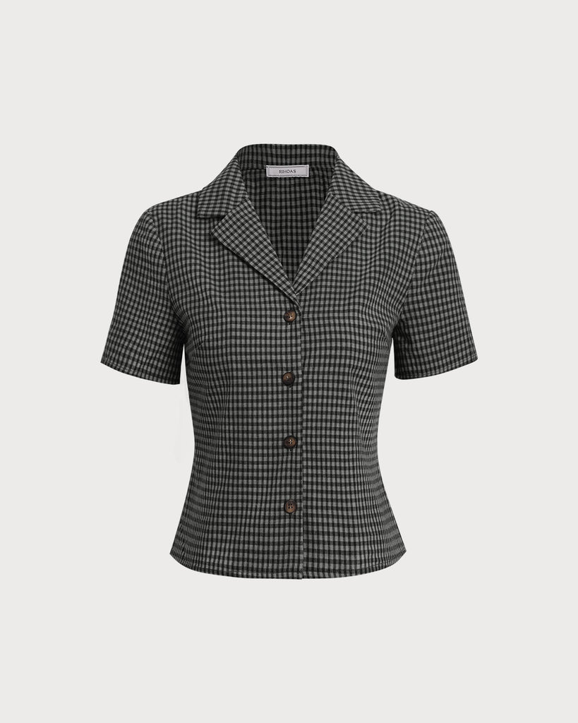 Grey Lapel Plaid Short Sleeve Blouse