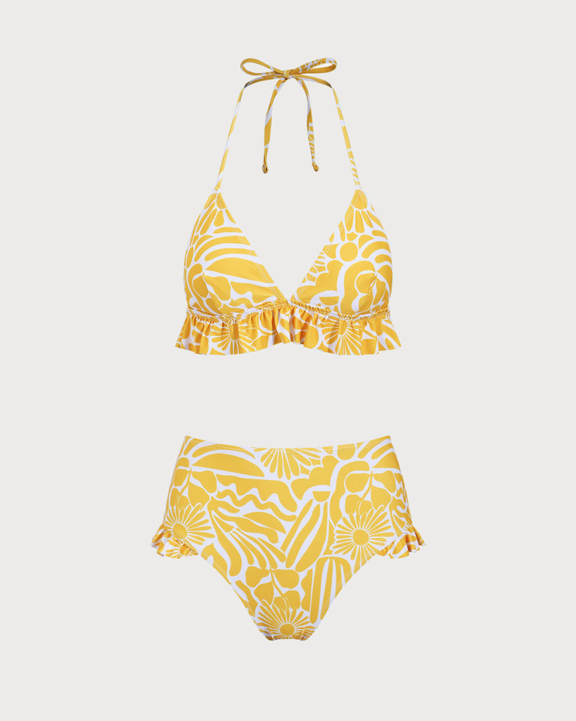 Yellow Knit Floral Ruffle Bikini Set