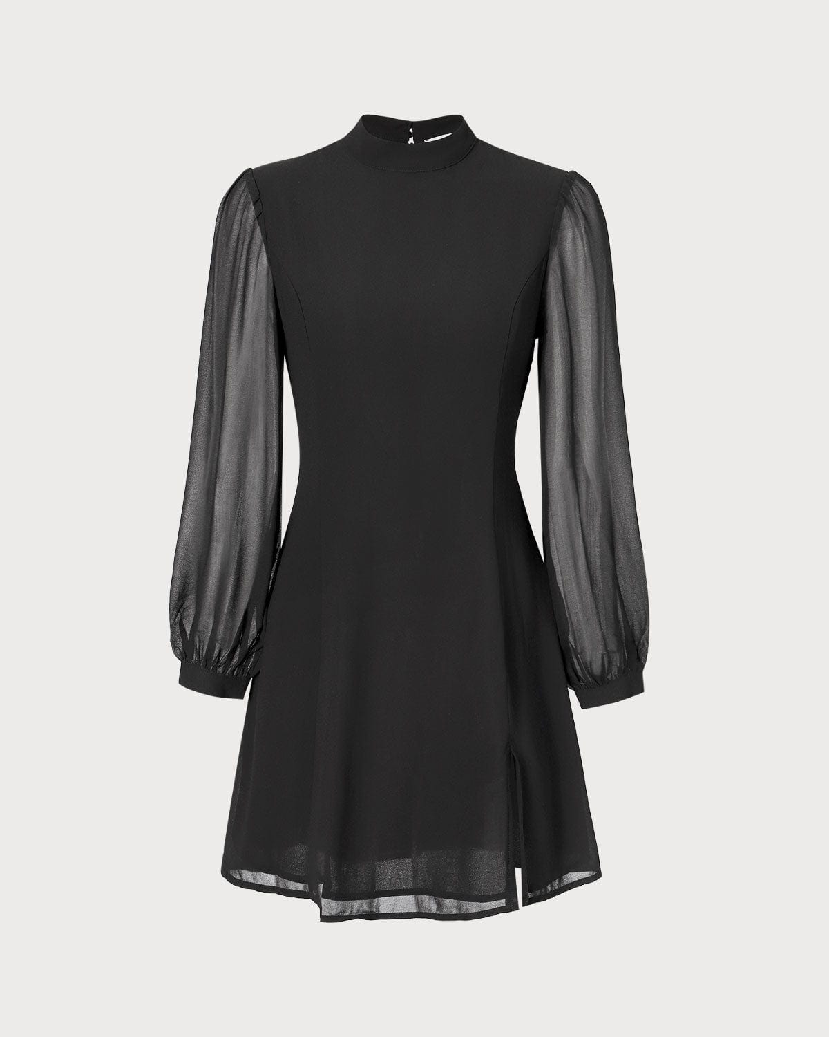 The Black Stand Collar Sheer Slit Mini Dress - Slit Long Sleeve