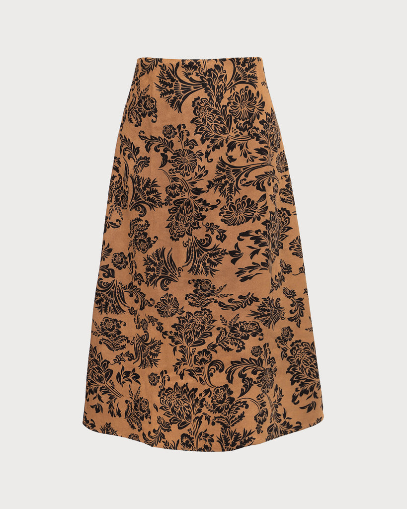 The Brown Floral Suede Midi Skirt Bottoms - RIHOAS