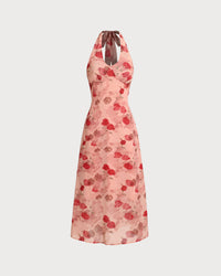 Red Floral Shirred Halter Maxi Dress
