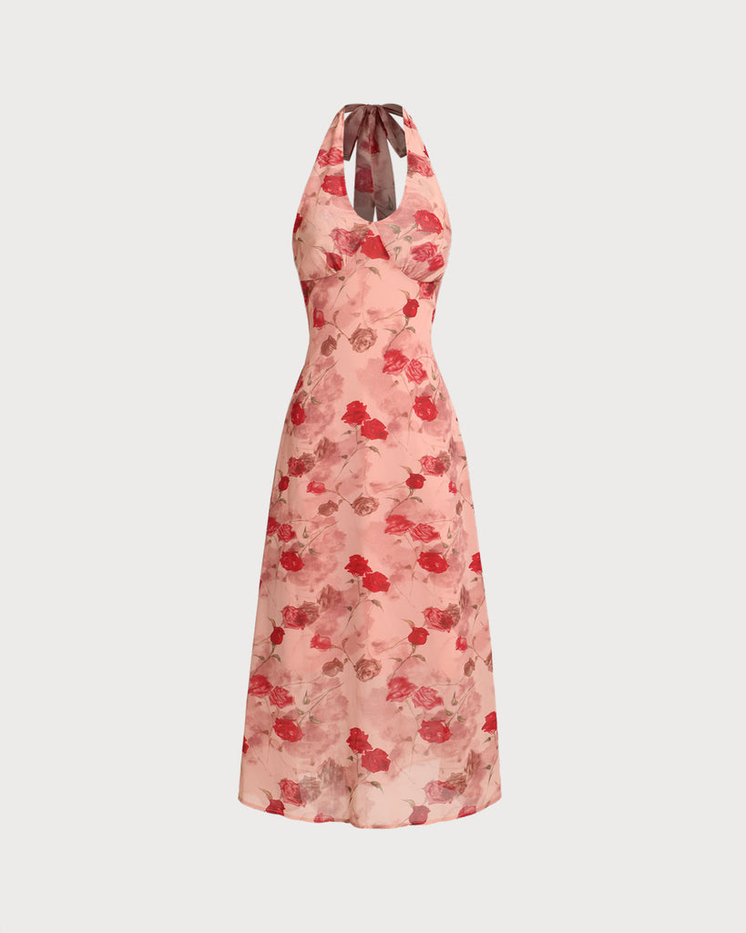 Red Floral Shirred Halter Maxi Dress