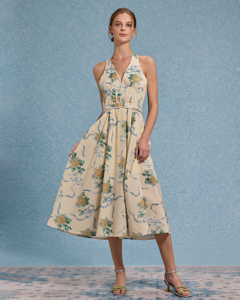 Yellow Floral Strapless Midi Dress
