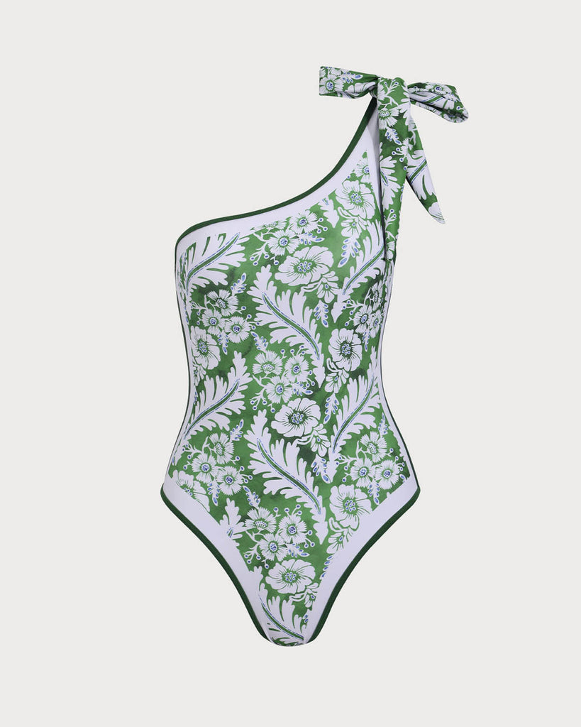 Green Contrast Flower Print One Piece Swimsuit