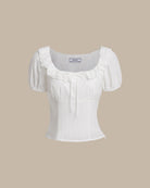 White Textured Scoop Neck Ruffle Blouse