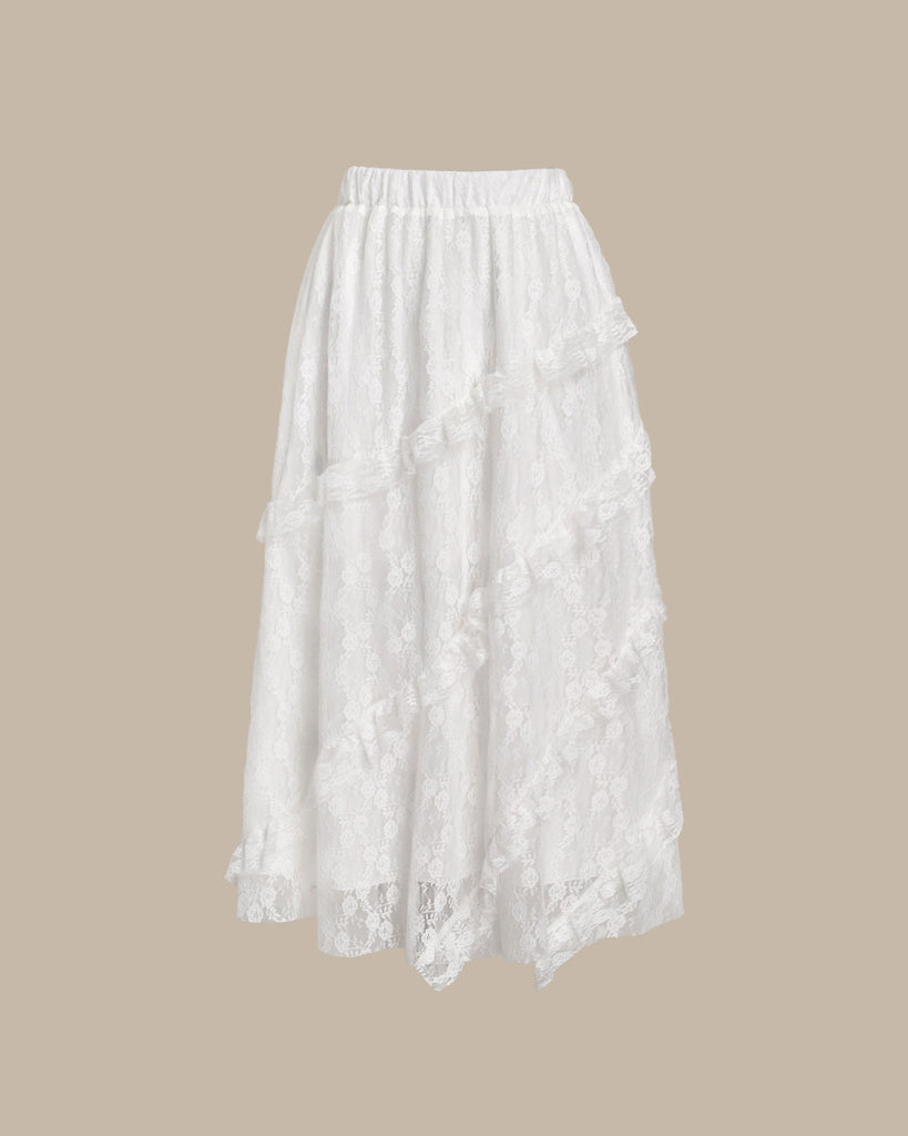 White Jacquard Elastic Waist Midi Skirt