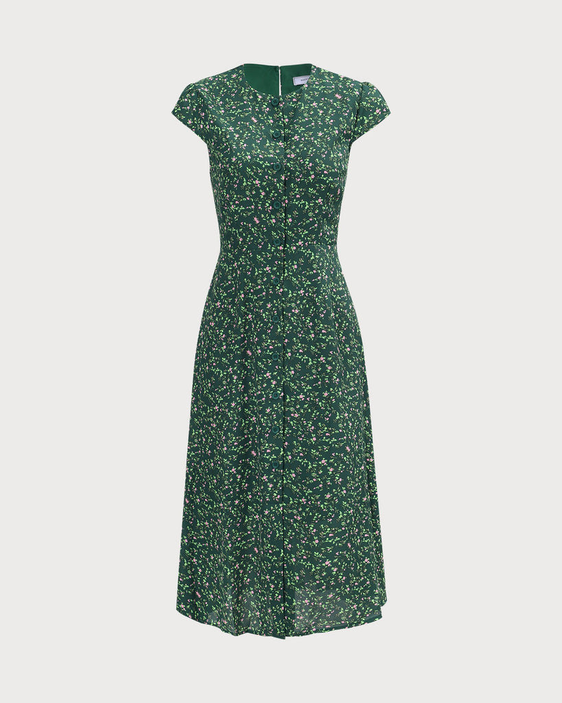 The Green Crew Neck Floral Midi Dress Dresses - RIHOAS