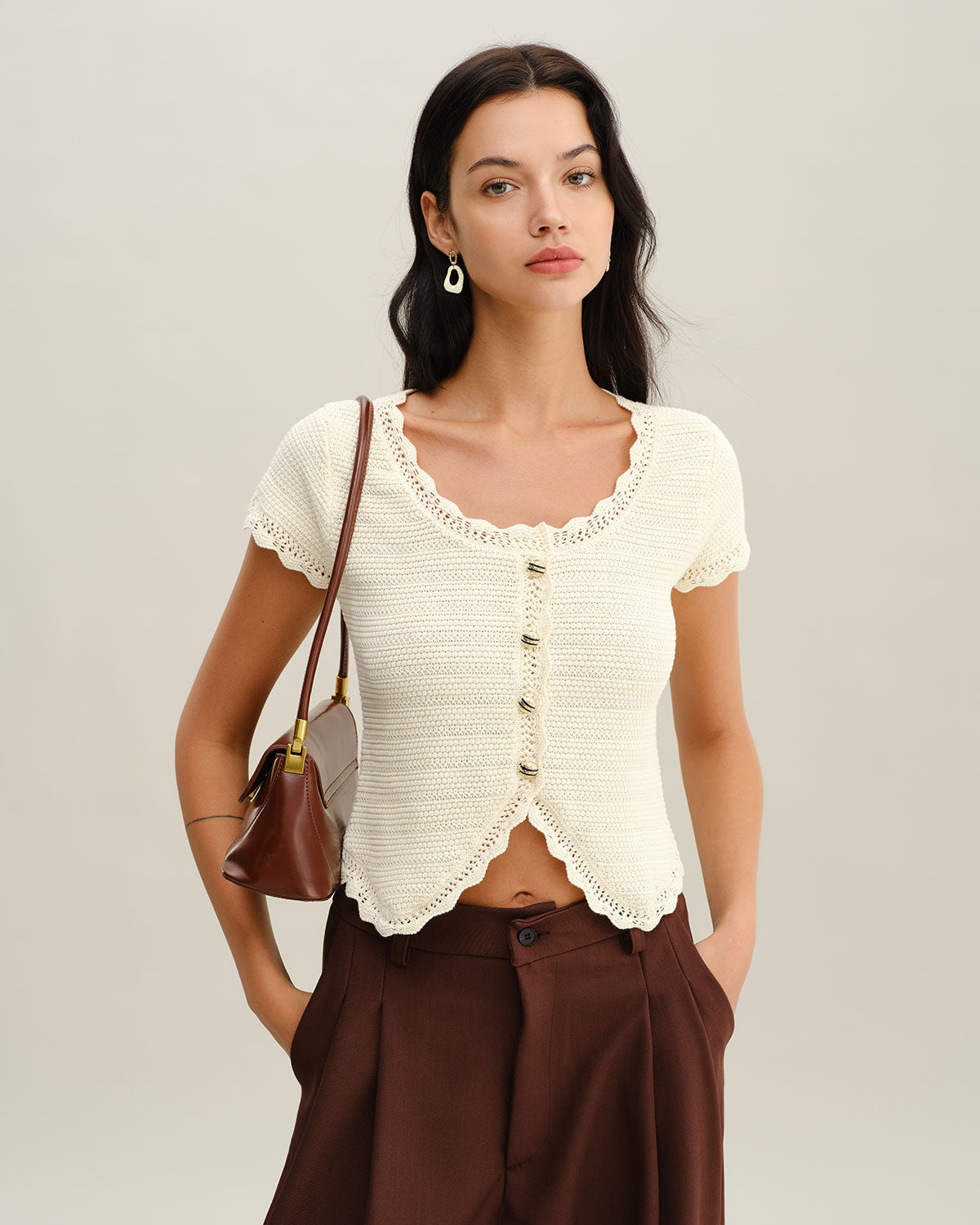 Beige U Neck Textured Cardigan