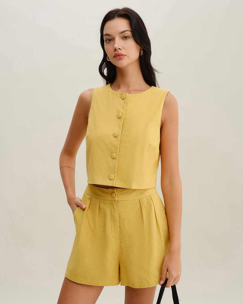 Yellow Round Neck Button Vest