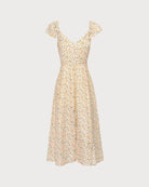 The Yellow V Neck Floral Slit Midi Dress Dresses - RIHOAS