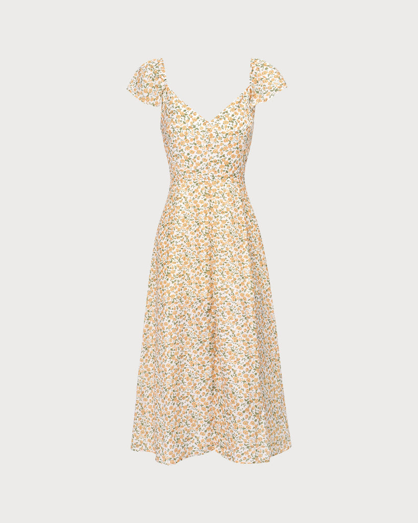 The Yellow V Neck Floral Slit Midi Dress Dresses - RIHOAS