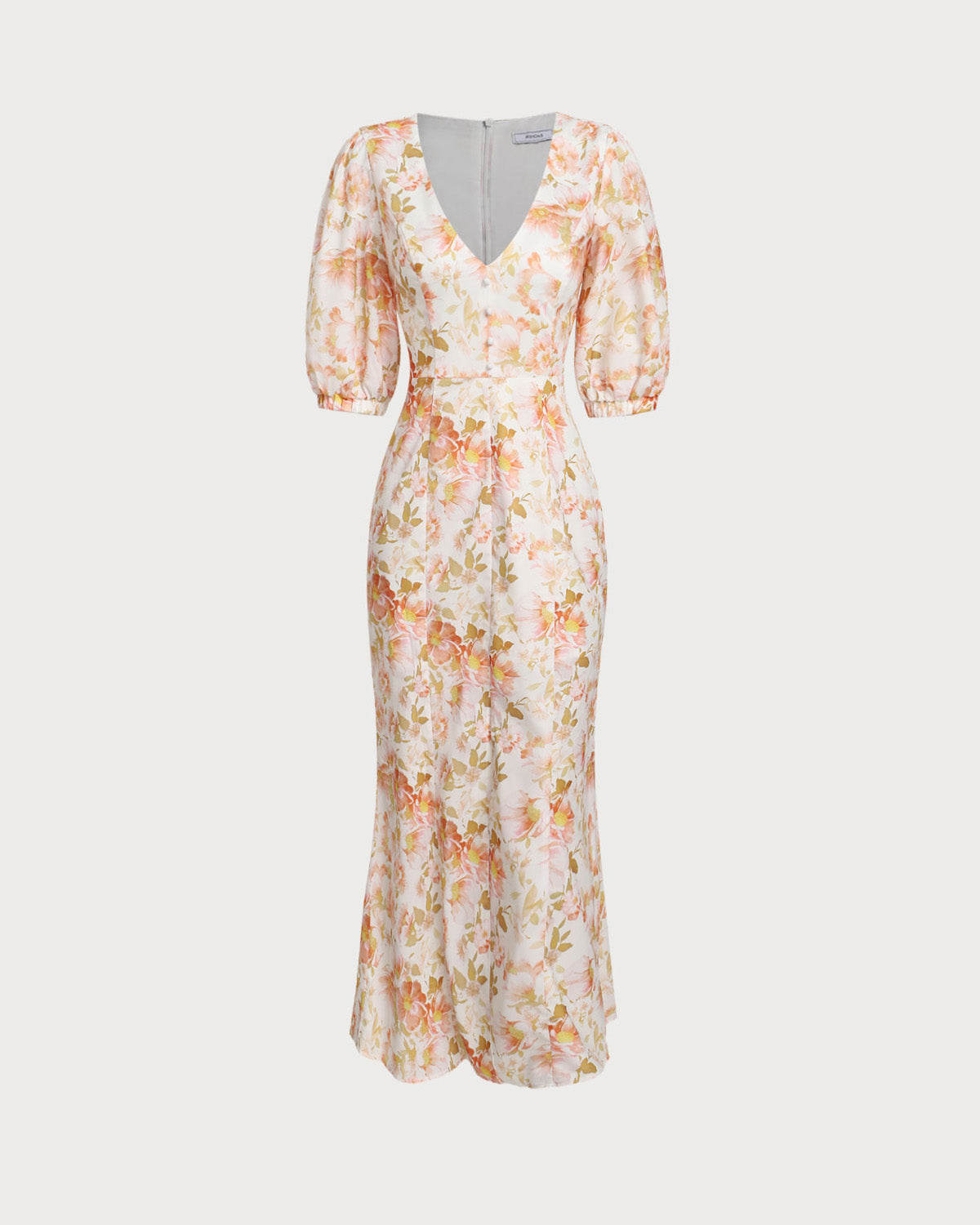 Orange Floral V-Neck Puffed Sleeve Maxi Dress