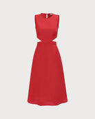 The Red Round Neck Cut Out Midi Dress Red Dresses - RIHOAS