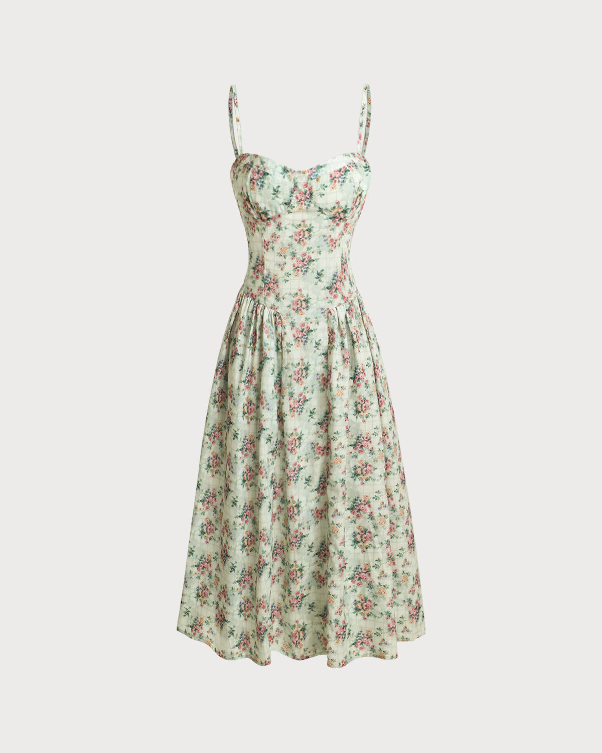 Green Floral Sweetheart Neck Pleated Slip Midi Dress