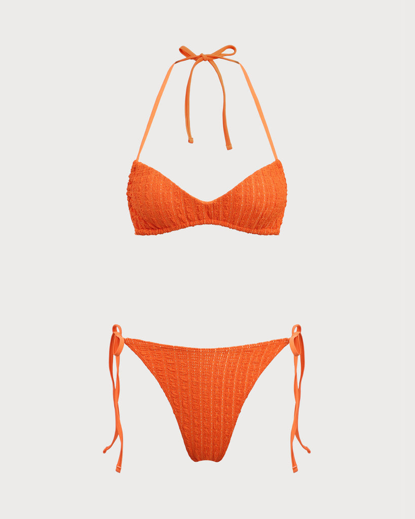 Orange Textured Drawstring Bikini Set