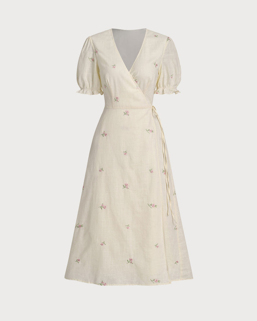 Beige Embroidery Puffed Sleeve Wrap Midi Dress