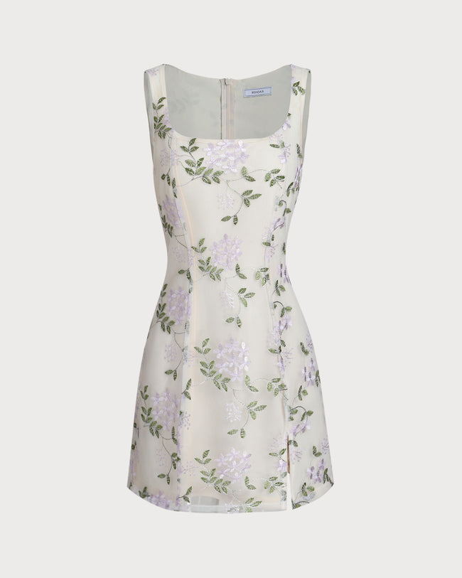 Naguisa ● Thalis Single Square Ecru 【 残りわずか】 White Floral Square Neck Slip Mini Dress & Reviews - White
