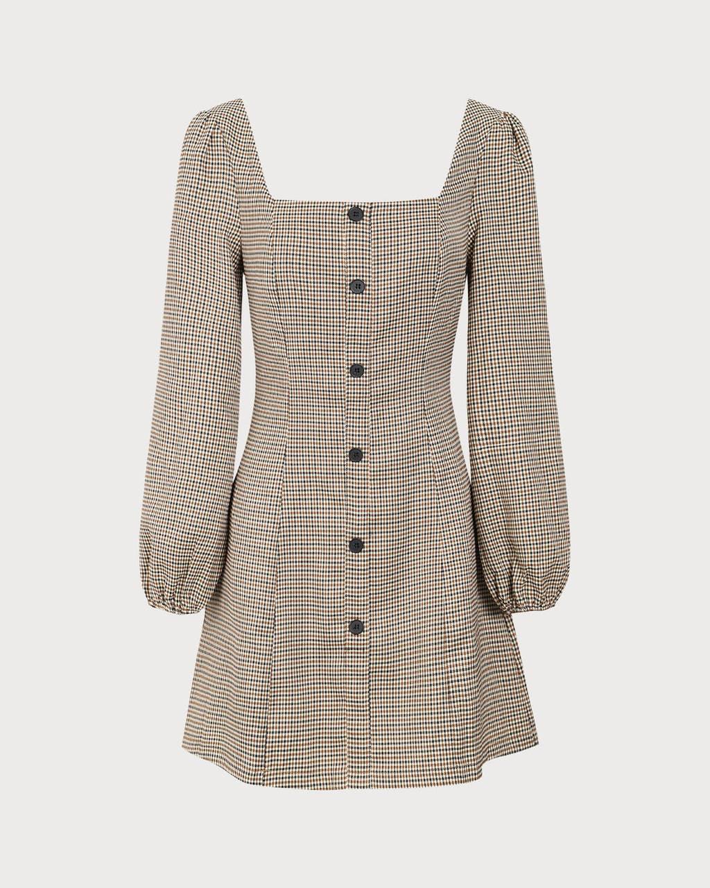 The Khaki Square Neck Plaid Button Mini Dress