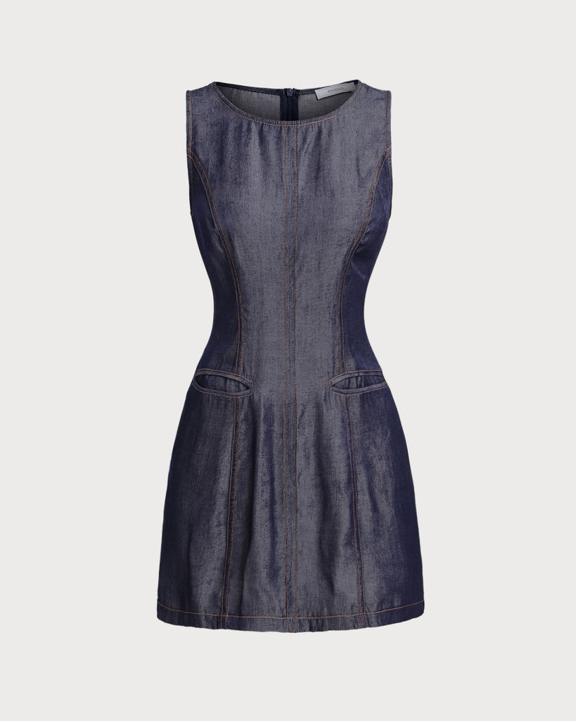 Blue Sleeveless Pocket Mini Dress