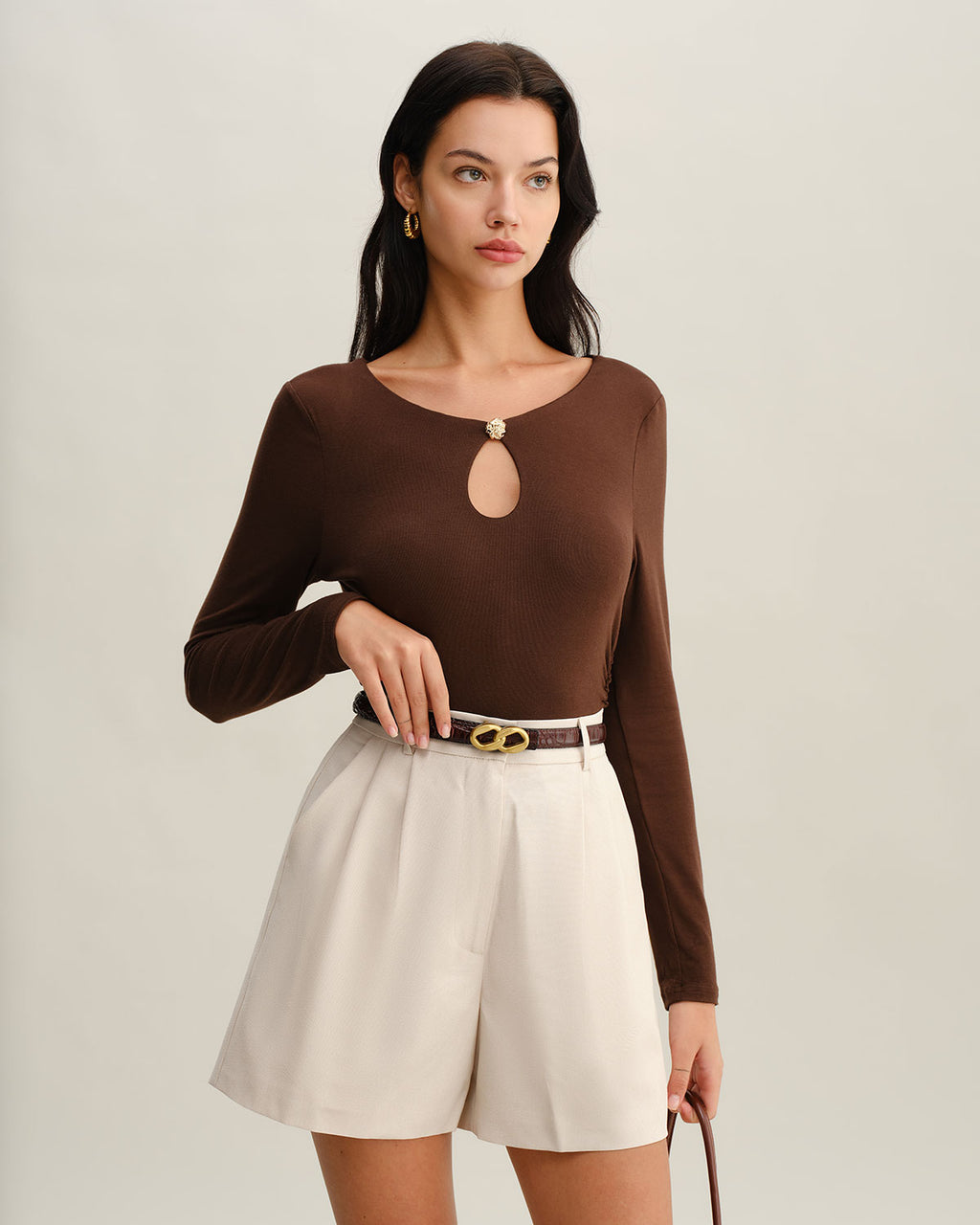 Brown Round Neck Slim Knit Tee