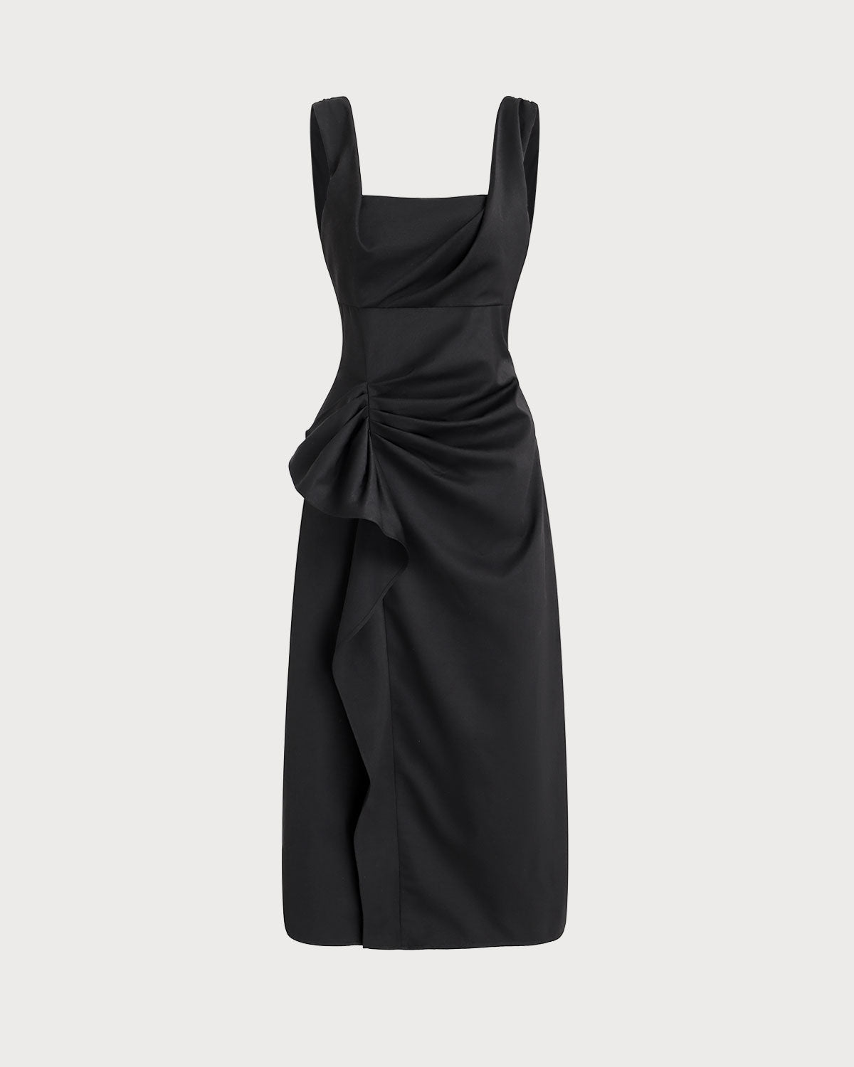 Black Ruffle Ruched Slip Midi Dress