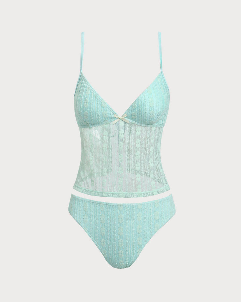 Green Lace V Neck Tankini Swimsuit