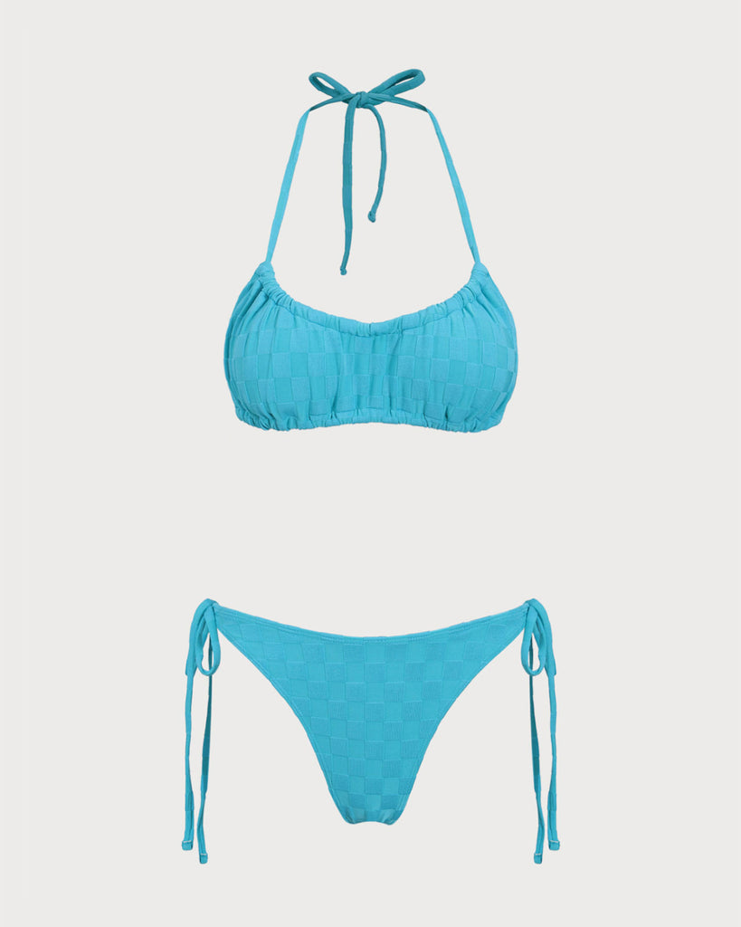 Blue Checkered Ruched Bikini Set