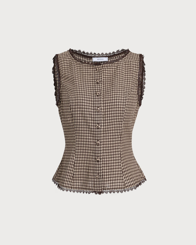 Brown Plaid Single Breasted Vest