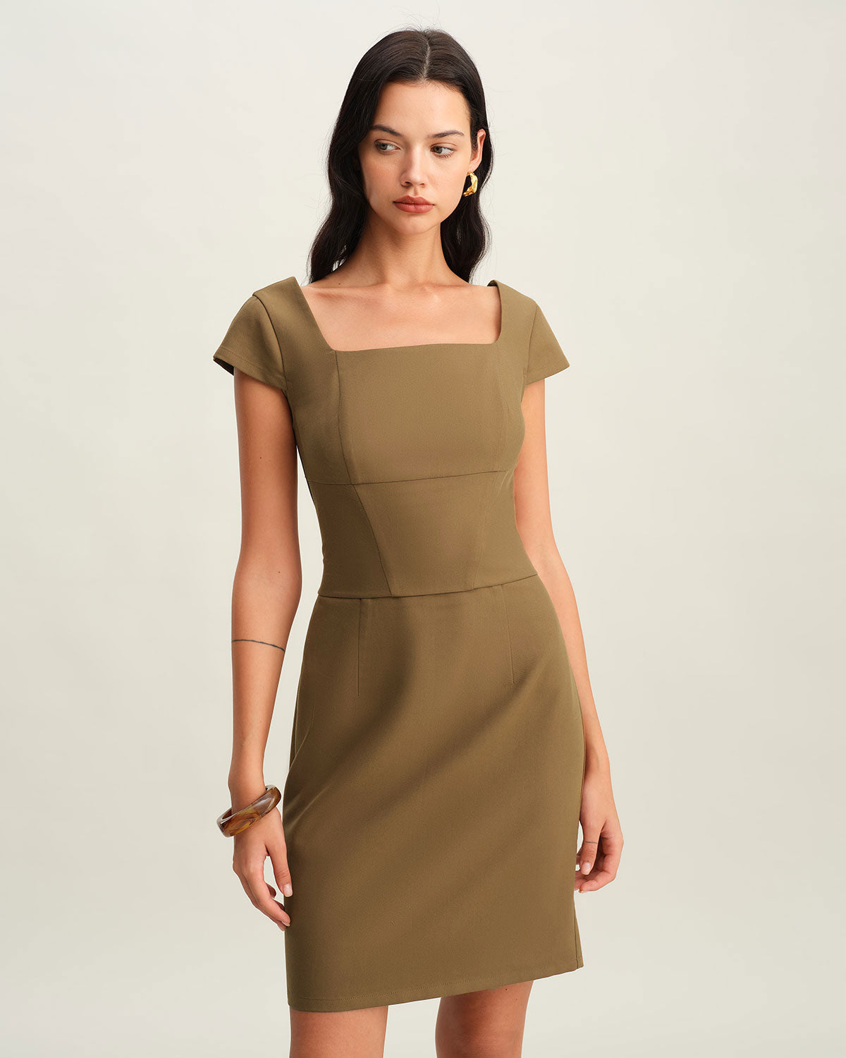 Brown Square Neck Cap Sleeve Mini Dress