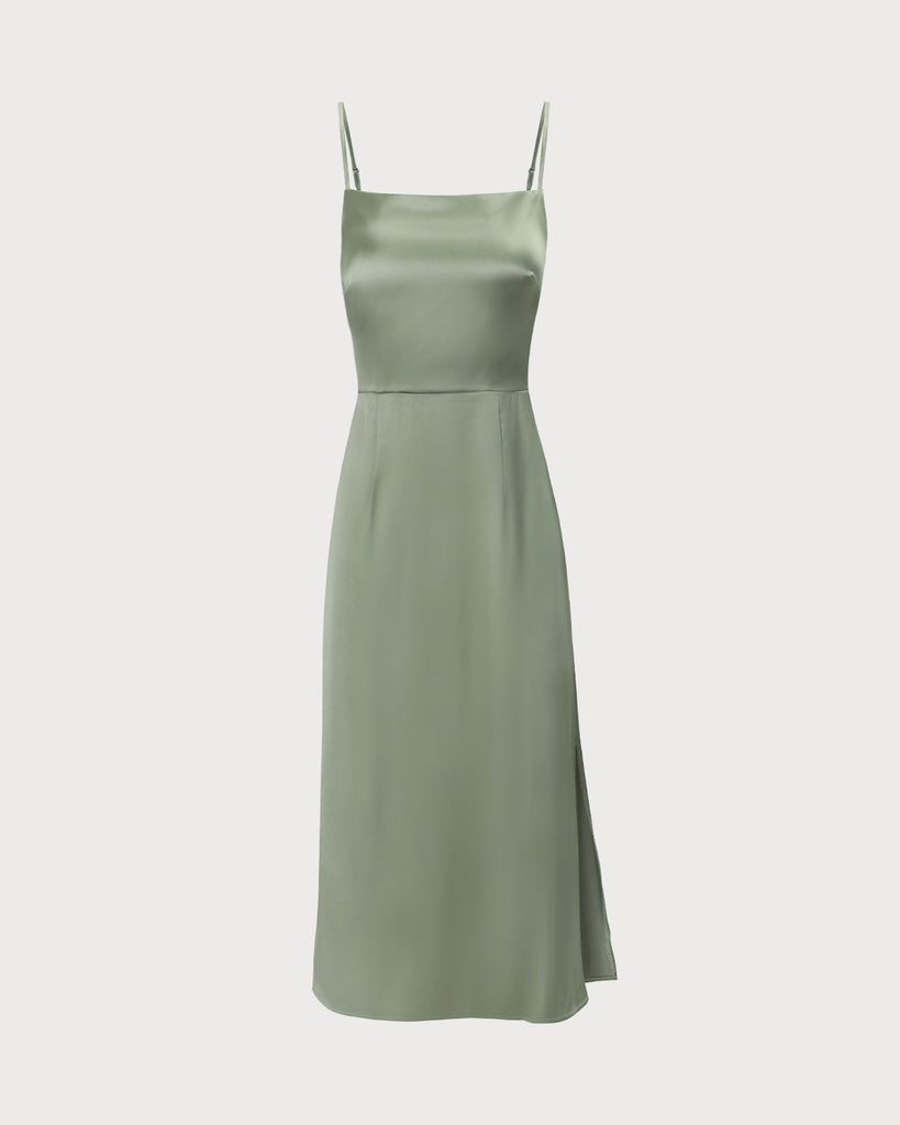 The Green Solid Satin Midi Dress Dresses - RIHOAS