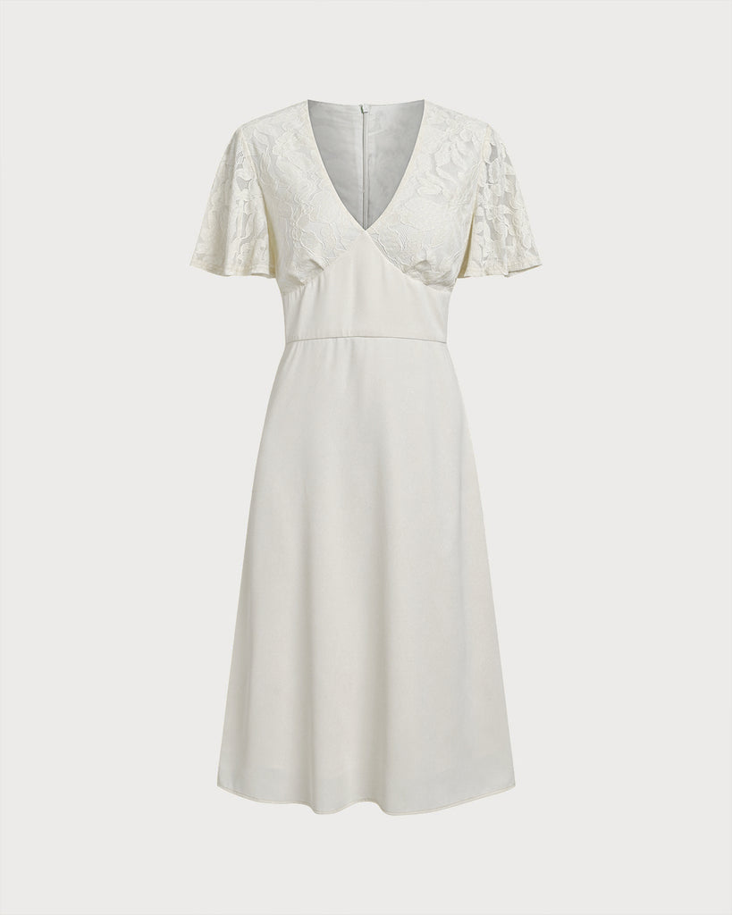 White Textured V-Neck Midi Dress