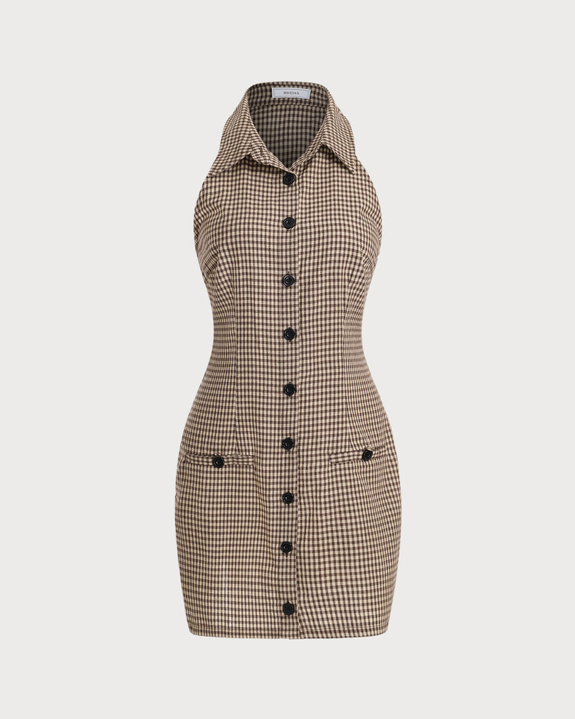 Brown Plaid Button Sleeveless Mini Dress