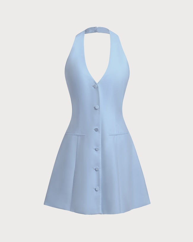 Blue Button Pocket Halter Mini Dress