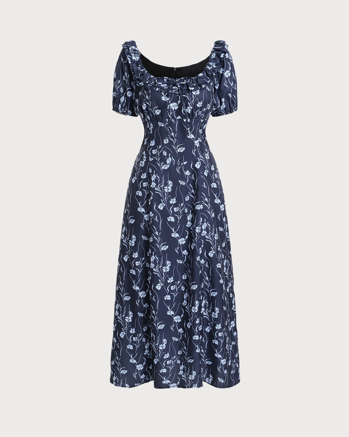 Navy Floral U-Neck Puffed-Sleeve Maxi Dress
