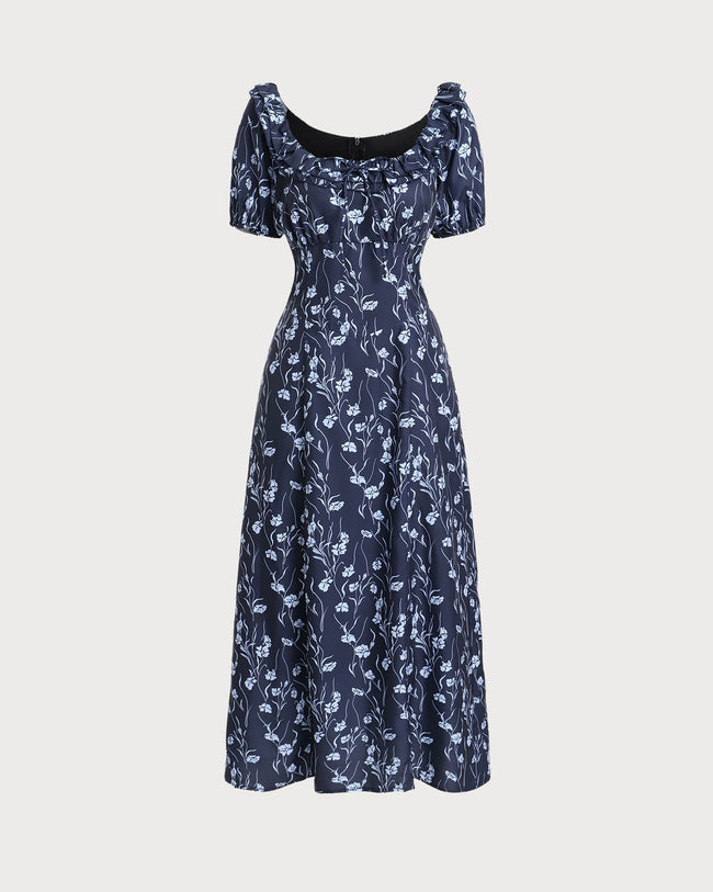 Navy Floral U-Neck Puffed-Sleeve Maxi Dress