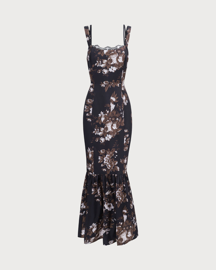 The Black Lace Floral Mermaid Maxi Dress Dresses - RIHOAS