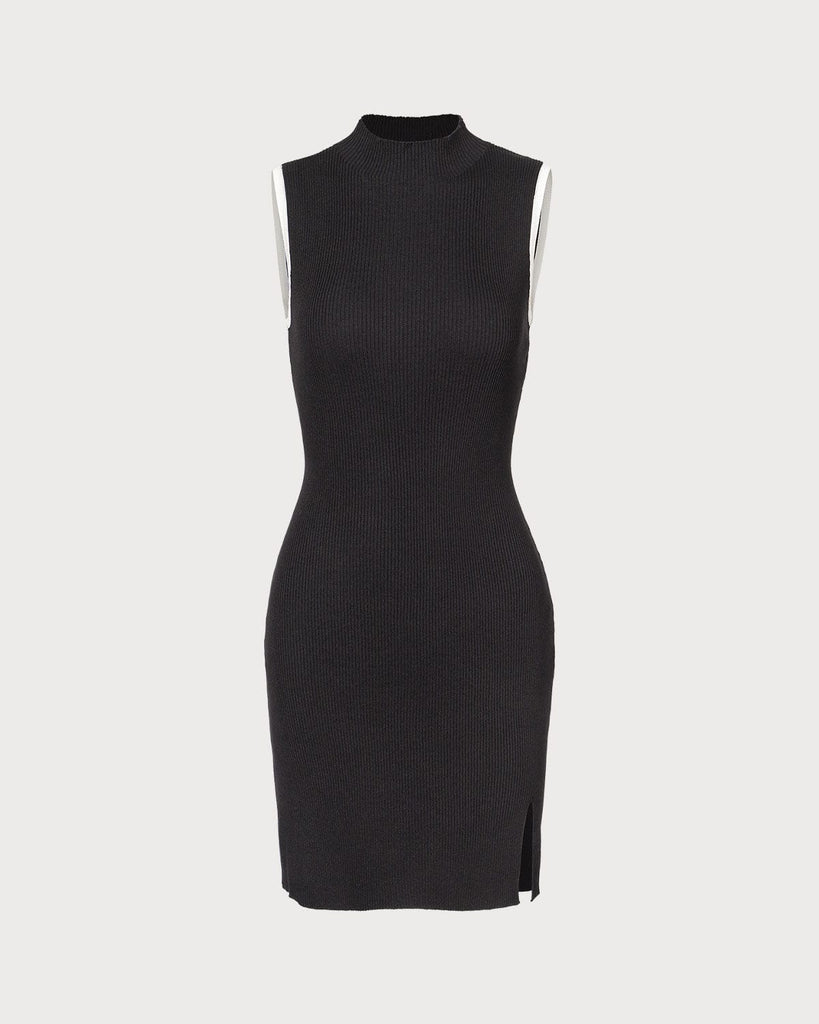 The Black Contrasting Slit Ribbed Mini Dress Dresses - RIHOAS
