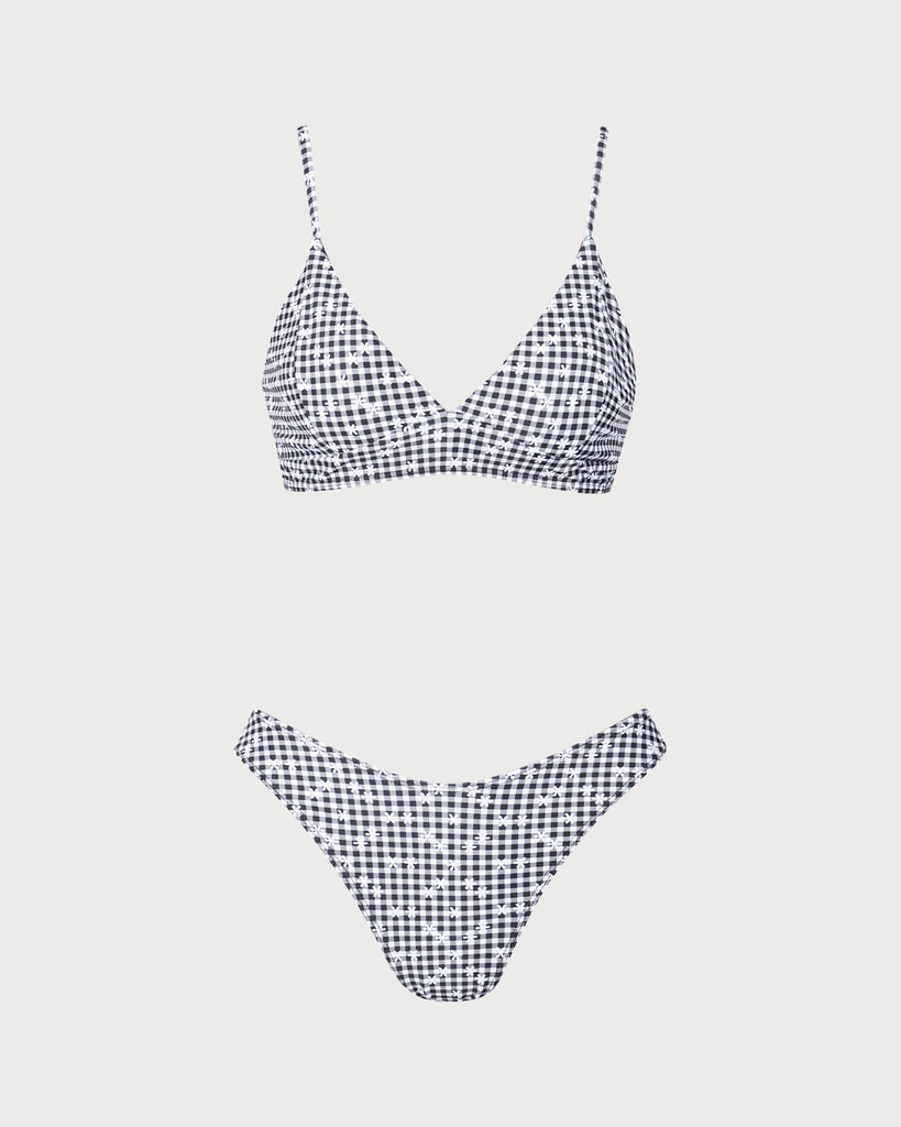 Black Plaid Floral Print Bikini Set